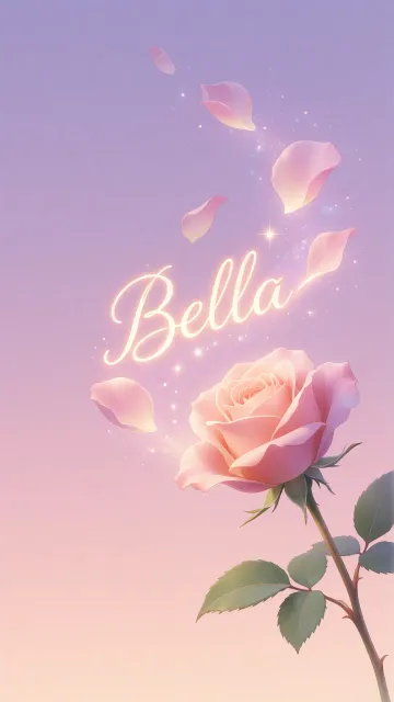 Bella diseño 8 - Fondo de Pantalla con degradado suave que transiciona de lila en la parte superior a melocotón y rosa pastel en la base, destacando una rosa rosada hiperrealista con tallo y hojas verdes. El nombre brilla en tipografía cursiva con efecto neón cálido, adornado con pétalos cayendo y chispas de luz mágica.