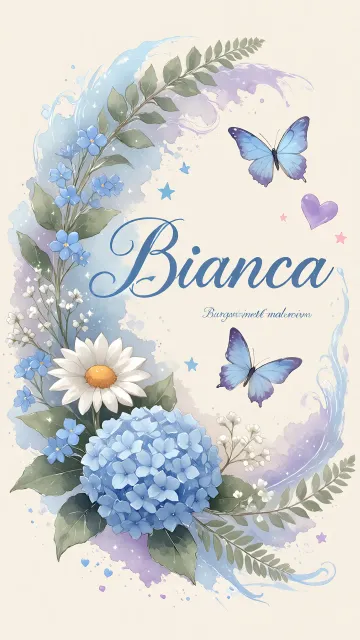 Bianca diseño 1 - Hortensias azules, flores pequeñas y acuarela suave con mariposas azules y brillo etéreo