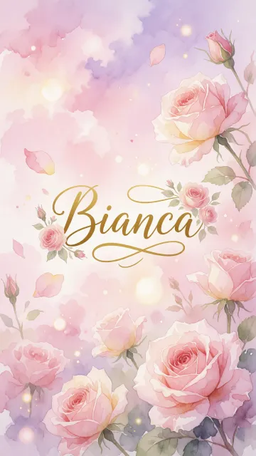 Bianca diseño 10 - Diseño estilo acuarela con un fondo etéreo y texturizado en nubes de tonos rosa pastel y lila suave. Presenta composiciones de rosas abiertas y capullos en los bordes inferior y superior, con pétalos cayendo delicadamente. Incorpora destellos de luz cálida (efecto bokeh) y, en el centro, resalta una tipografía elegante, cursiva y fluida en color dorado.