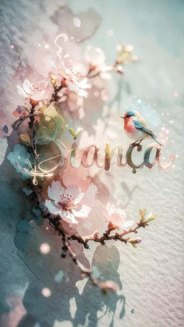 Bianca diseño 11 - Un delicado diseño de estilo acuarela digital que combina una tipografía de caligrafía personalizada para el nombre en tonos dorados y rosados suaves, adornada con pequeñas hojas y brotes. Un pajarito azul y naranja vibrante está posado en una de las letras. Todo está rodeado por un marco circular de ramas de cerezo en flor con delicadas flores rosadas y blancas. El fondo es un lavado de acuarela difuminado en tonos pastel suaves de azul cerceta, rosa rubor y melocotón sobre una textura de papel rugoso, con destellos luminosos y motas de luz bokeh flotando alrededor, creando una atmósfera mágica y soñadora. Las sombras suaves proyectadas añaden profundidad.
