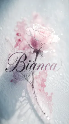 Bianca - Ilustración delicada de una rosa en vista frontal con pétalos translúcidos y finas líneas de contorno. El fondo presenta una textura sutil con manchas abstractas de acuarela en tonos rosa suave y destellos luminosos (efecto bokeh). En el centro, entrelazado con el tallo, destaca el nombre en una tipografía caligráfica cursiva, elegante y de gran tamaño, con un ligero efecto de sombra y gradiente.