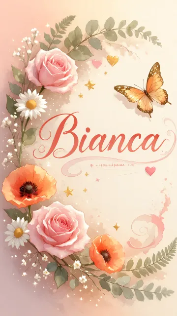 Bianca diseño 3 - Elegante composición de rosas rosadas y amapolas naranjas con mariposas doradas brillantes sobre un fondo cálido, romántico y mágico.