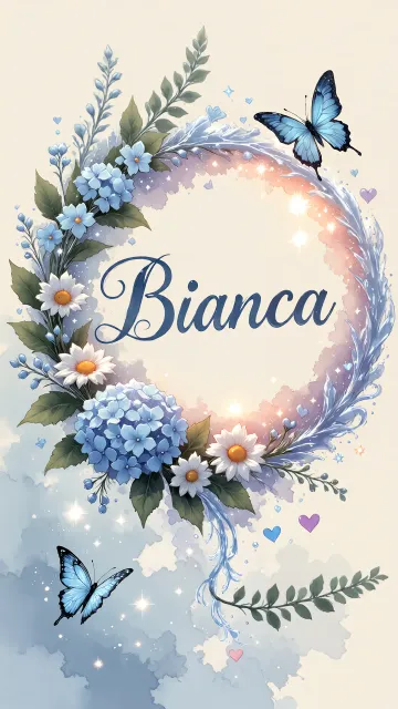 Bianca diseño 4 - Composición magica con nombre en letra cursiva azul, rodeado de hortensias azules, margaritas blancas y delicadas flores silvestres, enmarcado por suaves remolinos de agua, mariposas azules y destellos estelares sobre un fondo etéreo y romántico.