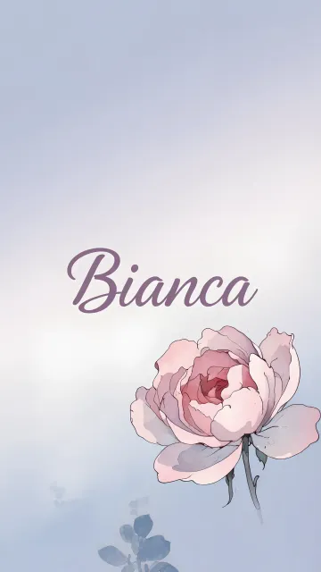 Bianca diseño 5 - Nombre en elegante tipografía cursiva caligráfica en tono lavanda, sobre fondo acuarela de cielo nublado en tonos pastel (azul, blanco, lavanda), decorado con rosa en acuarela de pétalos rosa pálido, blanco crema y lilas suaves con hojas en gris-verde.