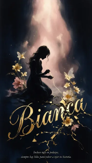 Bianca diseño 6 - Composición de ilustración semirrealista cinematográfica con silueta femenina tejiendo un hilo dorado de luz sobre un suelo oscuro fracturado al estilo Kintsugi, donde el nombre resalta en un prominente guión caligráfico dorado que emerge de las grietas, rodeado de flores blancas, mariposas y un fondo degradado de azules profundos iluminado por una luz celestial en tonos melocotón y crema, con una frase de aliento en tipografía blanca en la parte inferior.