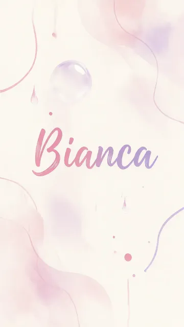 Bianca diseño 7 - Diseño abstracto en acuarela sobre fondo crema, con manchas fluidas y etéreas en rosa pastel y lila, líneas curvas que aportan movimiento, pequeñas gotas salpicadas cayendo verticalmente y una burbuja translúcida en la parte superior izquierda. El nombre resalta al centro con una tipografía cursiva amplia y elegante en degradado rosa a morado.