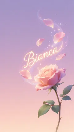 Bianca - Fondo de Pantalla con degradado suave que transiciona de lila en la parte superior a melocotón y rosa pastel en la base, destacando una rosa rosada hiperrealista con tallo y hojas verdes. El nombre brilla en tipografía cursiva con efecto neón cálido, adornado con pétalos cayendo y chispas de luz mágica.