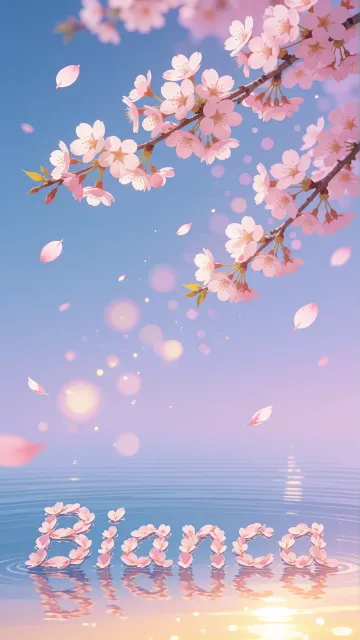 Bianca diseño 9 - Composición serena y onírica con ramas de cerezo en flor (sakura) en la parte superior contra un cielo en degradado de azul suave y lila. Pétalos de color rosa pastel flotan delicadamente en el aire cayendo hacia una superficie de agua tranquila y cristalina. En el centro inferior, el nombre está formado por pétalos de flores con un sutil efecto de relieve 3D y tipografía floral, reflejándose sobre el agua que está iluminada por un cálido destello dorado de luz solar en la esquina inferior derecha.