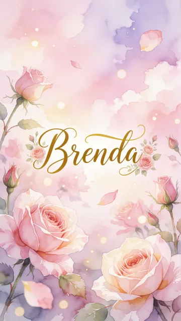 Brenda diseño 10 - Diseño estilo acuarela con un fondo etéreo y texturizado en nubes de tonos rosa pastel y lila suave. Presenta composiciones de rosas abiertas y capullos en los bordes inferior y superior, con pétalos cayendo delicadamente. Incorpora destellos de luz cálida (efecto bokeh) y, en el centro, resalta una tipografía elegante, cursiva y fluida en color dorado.