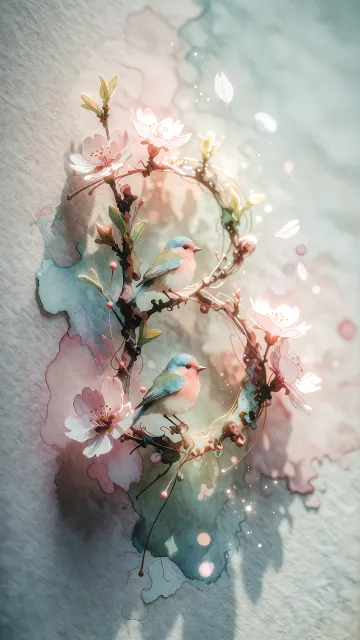 Brenda diseño 11 - Un delicado diseño de estilo acuarela digital que combina una tipografía de caligrafía personalizada para el nombre en tonos dorados y rosados suaves, adornada con pequeñas hojas y brotes. Un pajarito azul y naranja vibrante está posado en una de las letras. Todo está rodeado por un marco circular de ramas de cerezo en flor con delicadas flores rosadas y blancas. El fondo es un lavado de acuarela difuminado en tonos pastel suaves de azul cerceta, rosa rubor y melocotón sobre una textura de papel rugoso, con destellos luminosos y motas de luz bokeh flotando alrededor, creando una atmósfera mágica y soñadora. Las sombras suaves proyectadas añaden profundidad.