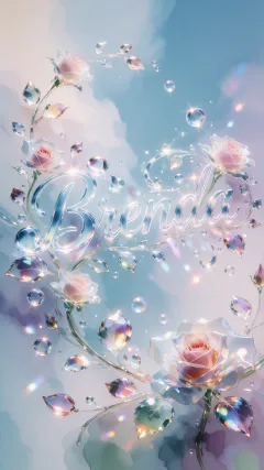 Brenda - Una composición etérea y luminosa donde el nombre se despliega en una tipografía cursiva tridimensional con un realista efecto de cristal o vidrio soplado, con reflejos, transparencias y brillos que capturan la luz. El texto está rodeado por enredaderas, hojas iridiscentes y rosas esculpidas en cristal que reflejan la luz. La escena se completa con destellos mágicos y burbujas flotantes, y se asienta sobre un fondo suave de nubes difuminadas en tonos pastel (azul cielo, rosa y lila), creando una atmósfera de ensueño, delicada y elegante.