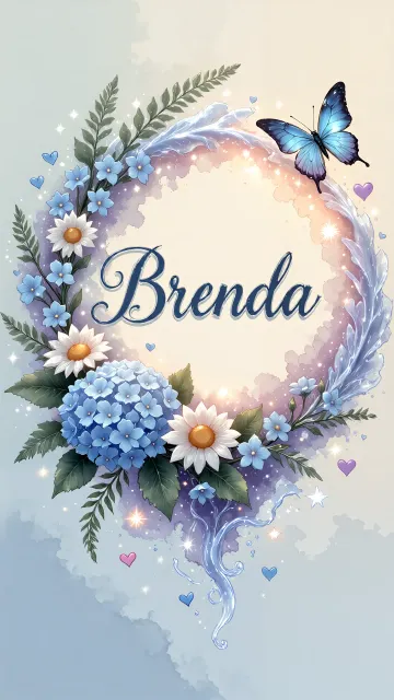 Brenda diseño 4 - Composición magica con nombre en letra cursiva azul, rodeado de hortensias azules, margaritas blancas y delicadas flores silvestres, enmarcado por suaves remolinos de agua, mariposas azules y destellos estelares sobre un fondo etéreo y romántico.