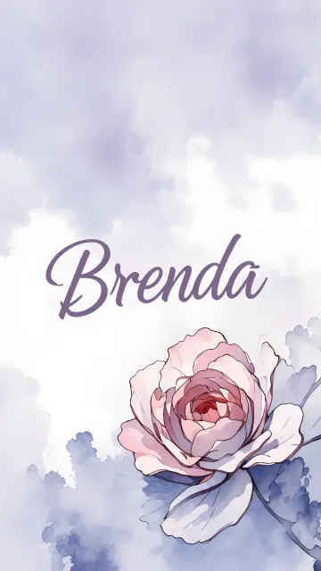 Brenda diseño 5 - Nombre en elegante tipografía cursiva caligráfica en tono lavanda, sobre fondo acuarela de cielo nublado en tonos pastel (azul, blanco, lavanda), decorado con rosa en acuarela de pétalos rosa pálido, blanco crema y lilas suaves con hojas en gris-verde.