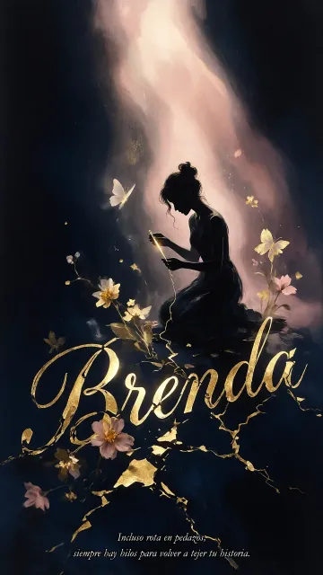 Brenda diseño 6 - Composición de ilustración semirrealista cinematográfica con silueta femenina tejiendo un hilo dorado de luz sobre un suelo oscuro fracturado al estilo Kintsugi, donde el nombre resalta en un prominente guión caligráfico dorado que emerge de las grietas, rodeado de flores blancas, mariposas y un fondo degradado de azules profundos iluminado por una luz celestial en tonos melocotón y crema, con una frase de aliento en tipografía blanca en la parte inferior.