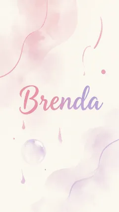 Brenda - Diseño abstracto en acuarela sobre fondo crema, con manchas fluidas y etéreas en rosa pastel y lila, líneas curvas que aportan movimiento, pequeñas gotas salpicadas cayendo verticalmente y una burbuja translúcida en la parte superior izquierda. El nombre resalta al centro con una tipografía cursiva amplia y elegante en degradado rosa a morado.