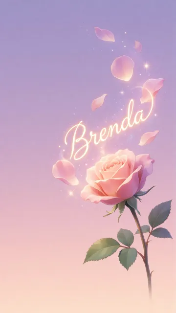Brenda diseño 8 - Fondo de Pantalla con degradado suave que transiciona de lila en la parte superior a melocotón y rosa pastel en la base, destacando una rosa rosada hiperrealista con tallo y hojas verdes. El nombre brilla en tipografía cursiva con efecto neón cálido, adornado con pétalos cayendo y chispas de luz mágica.