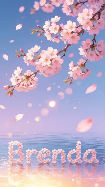 Brenda diseño 9 - Composición serena y onírica con ramas de cerezo en flor (sakura) en la parte superior contra un cielo en degradado de azul suave y lila. Pétalos de color rosa pastel flotan delicadamente en el aire cayendo hacia una superficie de agua tranquila y cristalina. En el centro inferior, el nombre está formado por pétalos de flores con un sutil efecto de relieve 3D y tipografía floral, reflejándose sobre el agua que está iluminada por un cálido destello dorado de luz solar en la esquina inferior derecha.