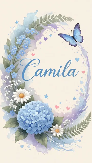 Camila diseño 1 - Hortensias azules, flores pequeñas y acuarela suave con mariposas azules y brillo etéreo