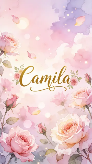 Camila diseño 10 - Diseño estilo acuarela con un fondo etéreo y texturizado en nubes de tonos rosa pastel y lila suave. Presenta composiciones de rosas abiertas y capullos en los bordes inferior y superior, con pétalos cayendo delicadamente. Incorpora destellos de luz cálida (efecto bokeh) y, en el centro, resalta una tipografía elegante, cursiva y fluida en color dorado.