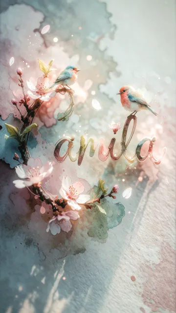 Camila diseño 11 - Un delicado diseño de estilo acuarela digital que combina una tipografía de caligrafía personalizada para el nombre en tonos dorados y rosados suaves, adornada con pequeñas hojas y brotes. Un pajarito azul y naranja vibrante está posado en una de las letras. Todo está rodeado por un marco circular de ramas de cerezo en flor con delicadas flores rosadas y blancas. El fondo es un lavado de acuarela difuminado en tonos pastel suaves de azul cerceta, rosa rubor y melocotón sobre una textura de papel rugoso, con destellos luminosos y motas de luz bokeh flotando alrededor, creando una atmósfera mágica y soñadora. Las sombras suaves proyectadas añaden profundidad.