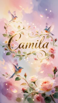 Camila - Una composición estilo acuarela digital sobre un fondo etéreo de nubes en tonos pastel (lila, melocotón, rosa y azul cielo). En el centro destaca el nombre en tipografía cursiva, elegante y con un claro efecto de relieve 3D dorado brillante. El texto está enmarcado por enredaderas orgánicas con grandes rosas (rosadas, melocotón y blancas), capullos, hojas verdes y pequeñas flores silvestres. Dos pequeños pájaros azules con el pecho anaranjado vuelan armoniosamente en la parte superior. Toda la escena está salpicada de destellos luminosos tipo polvo de hadas y motas de luz bokeh, con sombras suaves que aportan profundidad y crean una atmósfera mágica y soñadora.
