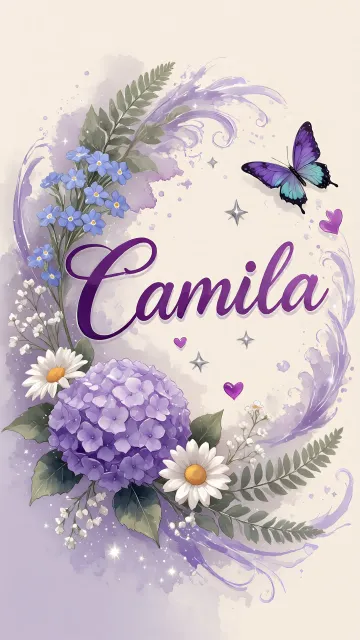 Camila diseño 2 - Diseño elegante de hortensias en tonos lila y morados suaves, con volutas estilizadas y una mariposa mística que aporta un toque etéreo y mágico.