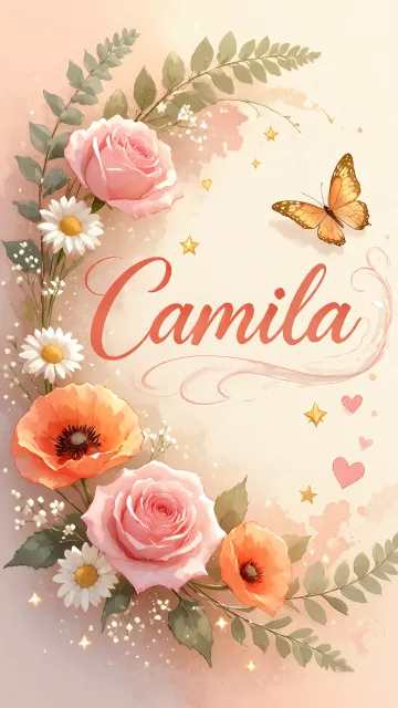 Camila diseño 3 - Elegante composición de rosas rosadas y amapolas naranjas con mariposas doradas brillantes sobre un fondo cálido, romántico y mágico.