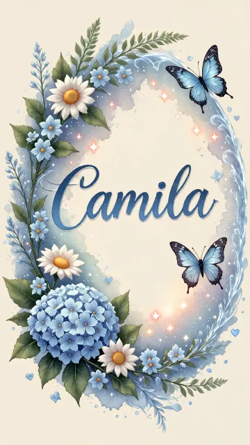 Camila diseño 4 - Composición magica con nombre en letra cursiva azul, rodeado de hortensias azules, margaritas blancas y delicadas flores silvestres, enmarcado por suaves remolinos de agua, mariposas azules y destellos estelares sobre un fondo etéreo y romántico.