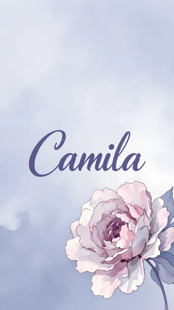 Camila diseño 5 - Nombre en elegante tipografía cursiva caligráfica en tono lavanda, sobre fondo acuarela de cielo nublado en tonos pastel (azul, blanco, lavanda), decorado con rosa en acuarela de pétalos rosa pálido, blanco crema y lilas suaves con hojas en gris-verde.