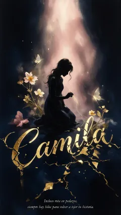 Camila - Composición de ilustración semirrealista cinematográfica con silueta femenina tejiendo un hilo dorado de luz sobre un suelo oscuro fracturado al estilo Kintsugi, donde el nombre resalta en un prominente guión caligráfico dorado que emerge de las grietas, rodeado de flores blancas, mariposas y un fondo degradado de azules profundos iluminado por una luz celestial en tonos melocotón y crema, con una frase de aliento en tipografía blanca en la parte inferior.