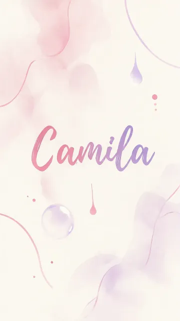 Camila diseño 7 - Diseño abstracto en acuarela sobre fondo crema, con manchas fluidas y etéreas en rosa pastel y lila, líneas curvas que aportan movimiento, pequeñas gotas salpicadas cayendo verticalmente y una burbuja translúcida en la parte superior izquierda. El nombre resalta al centro con una tipografía cursiva amplia y elegante en degradado rosa a morado.
