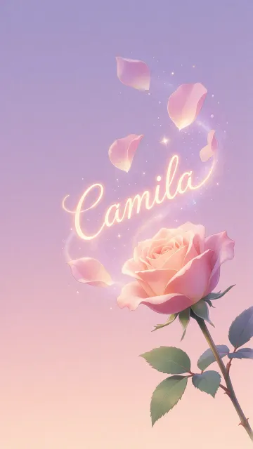 Camila diseño 8 - Fondo de Pantalla con degradado suave que transiciona de lila en la parte superior a melocotón y rosa pastel en la base, destacando una rosa rosada hiperrealista con tallo y hojas verdes. El nombre brilla en tipografía cursiva con efecto neón cálido, adornado con pétalos cayendo y chispas de luz mágica.