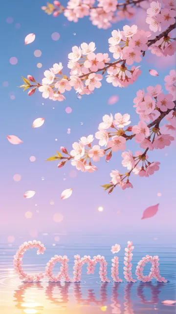 Camila diseño 9 - Composición serena y onírica con ramas de cerezo en flor (sakura) en la parte superior contra un cielo en degradado de azul suave y lila. Pétalos de color rosa pastel flotan delicadamente en el aire cayendo hacia una superficie de agua tranquila y cristalina. En el centro inferior, el nombre está formado por pétalos de flores con un sutil efecto de relieve 3D y tipografía floral, reflejándose sobre el agua que está iluminada por un cálido destello dorado de luz solar en la esquina inferior derecha.