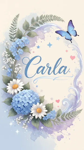 Carla diseño 1 - Hortensias azules, flores pequeñas y acuarela suave con mariposas azules y brillo etéreo
