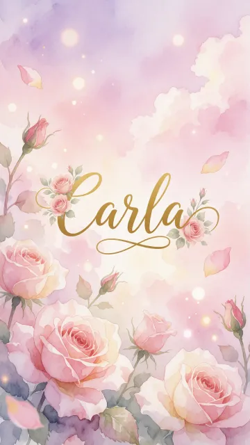 Carla diseño 10 - Diseño estilo acuarela con un fondo etéreo y texturizado en nubes de tonos rosa pastel y lila suave. Presenta composiciones de rosas abiertas y capullos en los bordes inferior y superior, con pétalos cayendo delicadamente. Incorpora destellos de luz cálida (efecto bokeh) y, en el centro, resalta una tipografía elegante, cursiva y fluida en color dorado.