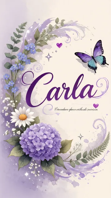 Carla diseño 2 - Diseño elegante de hortensias en tonos lila y morados suaves, con volutas estilizadas y una mariposa mística que aporta un toque etéreo y mágico.