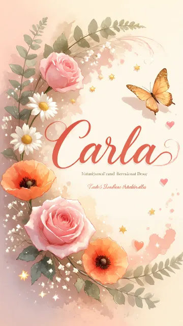 Carla diseño 3 - Elegante composición de rosas rosadas y amapolas naranjas con mariposas doradas brillantes sobre un fondo cálido, romántico y mágico.