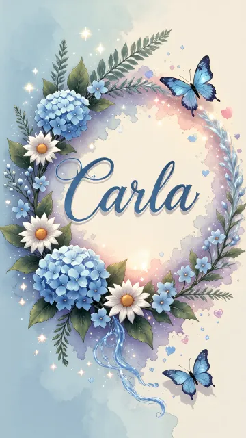 Carla diseño 4 - Composición magica con nombre en letra cursiva azul, rodeado de hortensias azules, margaritas blancas y delicadas flores silvestres, enmarcado por suaves remolinos de agua, mariposas azules y destellos estelares sobre un fondo etéreo y romántico.