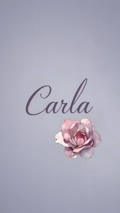 Carla - Nombre en elegante tipografía cursiva caligráfica en tono lavanda, sobre fondo acuarela de cielo nublado en tonos pastel (azul, blanco, lavanda), decorado con rosa en acuarela de pétalos rosa pálido, blanco crema y lilas suaves con hojas en gris-verde.