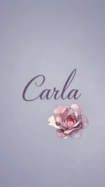 Carla diseño 5 - Nombre en elegante tipografía cursiva caligráfica en tono lavanda, sobre fondo acuarela de cielo nublado en tonos pastel (azul, blanco, lavanda), decorado con rosa en acuarela de pétalos rosa pálido, blanco crema y lilas suaves con hojas en gris-verde.