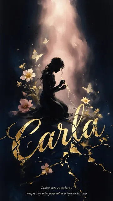 Carla diseño 6 - Composición de ilustración semirrealista cinematográfica con silueta femenina tejiendo un hilo dorado de luz sobre un suelo oscuro fracturado al estilo Kintsugi, donde el nombre resalta en un prominente guión caligráfico dorado que emerge de las grietas, rodeado de flores blancas, mariposas y un fondo degradado de azules profundos iluminado por una luz celestial en tonos melocotón y crema, con una frase de aliento en tipografía blanca en la parte inferior.