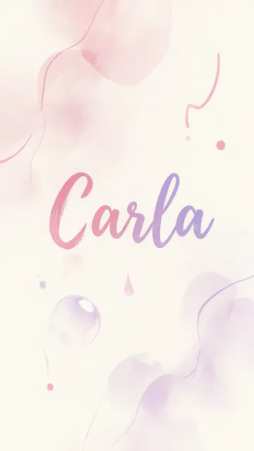 Carla diseño 7 - Diseño abstracto en acuarela sobre fondo crema, con manchas fluidas y etéreas en rosa pastel y lila, líneas curvas que aportan movimiento, pequeñas gotas salpicadas cayendo verticalmente y una burbuja translúcida en la parte superior izquierda. El nombre resalta al centro con una tipografía cursiva amplia y elegante en degradado rosa a morado.