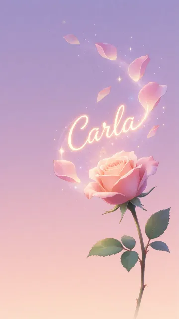 Carla diseño 8 - Fondo de Pantalla con degradado suave que transiciona de lila en la parte superior a melocotón y rosa pastel en la base, destacando una rosa rosada hiperrealista con tallo y hojas verdes. El nombre brilla en tipografía cursiva con efecto neón cálido, adornado con pétalos cayendo y chispas de luz mágica.