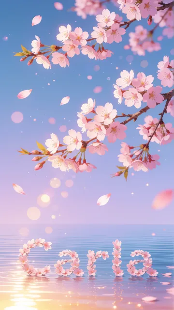 Carla diseño 9 - Composición serena y onírica con ramas de cerezo en flor (sakura) en la parte superior contra un cielo en degradado de azul suave y lila. Pétalos de color rosa pastel flotan delicadamente en el aire cayendo hacia una superficie de agua tranquila y cristalina. En el centro inferior, el nombre está formado por pétalos de flores con un sutil efecto de relieve 3D y tipografía floral, reflejándose sobre el agua que está iluminada por un cálido destello dorado de luz solar en la esquina inferior derecha.