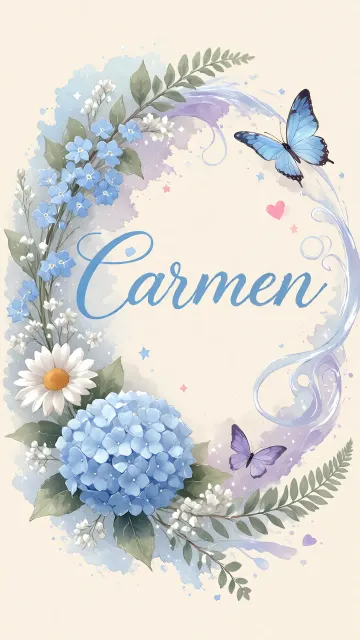 Carmen diseño 1 - Hortensias azules, flores pequeñas y acuarela suave con mariposas azules y brillo etéreo