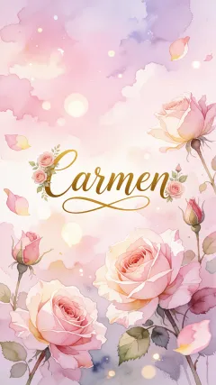 Carmen - Diseño estilo acuarela con un fondo etéreo y texturizado en nubes de tonos rosa pastel y lila suave. Presenta composiciones de rosas abiertas y capullos en los bordes inferior y superior, con pétalos cayendo delicadamente. Incorpora destellos de luz cálida (efecto bokeh) y, en el centro, resalta una tipografía elegante, cursiva y fluida en color dorado.