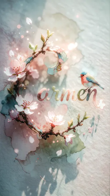 Carmen diseño 11 - Un delicado diseño de estilo acuarela digital que combina una tipografía de caligrafía personalizada para el nombre en tonos dorados y rosados suaves, adornada con pequeñas hojas y brotes. Un pajarito azul y naranja vibrante está posado en una de las letras. Todo está rodeado por un marco circular de ramas de cerezo en flor con delicadas flores rosadas y blancas. El fondo es un lavado de acuarela difuminado en tonos pastel suaves de azul cerceta, rosa rubor y melocotón sobre una textura de papel rugoso, con destellos luminosos y motas de luz bokeh flotando alrededor, creando una atmósfera mágica y soñadora. Las sombras suaves proyectadas añaden profundidad.