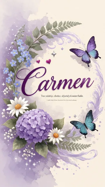 Carmen diseño 2 - Diseño elegante de hortensias en tonos lila y morados suaves, con volutas estilizadas y una mariposa mística que aporta un toque etéreo y mágico.