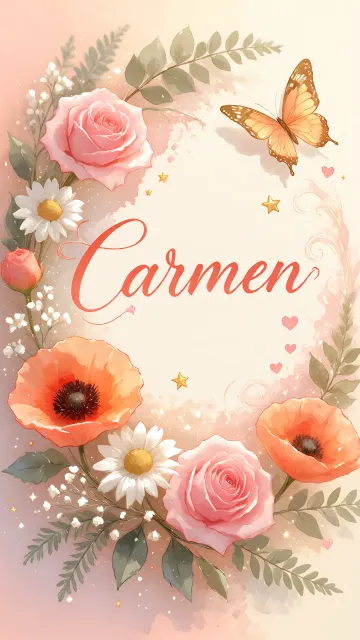 Carmen diseño 3 - Elegante composición de rosas rosadas y amapolas naranjas con mariposas doradas brillantes sobre un fondo cálido, romántico y mágico.