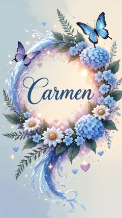 Carmen - Composición magica con nombre en letra cursiva azul, rodeado de hortensias azules, margaritas blancas y delicadas flores silvestres, enmarcado por suaves remolinos de agua, mariposas azules y destellos estelares sobre un fondo etéreo y romántico.